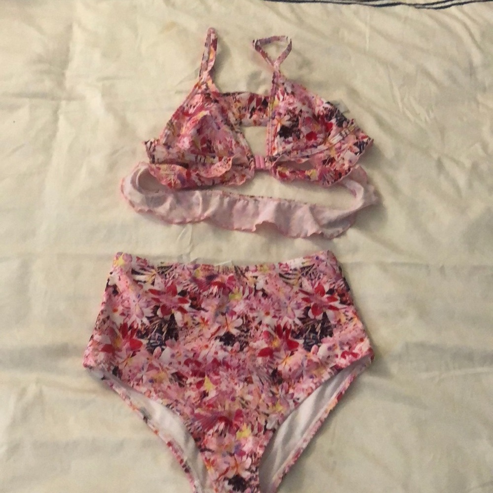 High waisted pink ruffle bikini